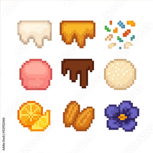 Pastry Decoration Icons. Pixel art icon set of pastry decorations: icing, glaze, sprinkles, fondant, chocolate drizzle, powdered