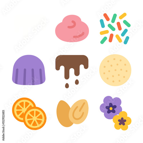 Pastry Decoration Icons. Flat icon set of pastry decorations: icing, glaze, sprinkles, fondant, chocolate drizzle, powdered sugar,