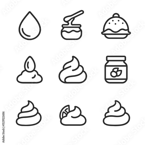 Pastry Filling Icons. Outline icon set of pastry fillings: chocolate ganache, fruit jam, custard, cream cheese, almond paste,