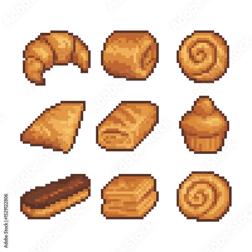 Pastry Icon Grid. Pixel art icon set of classic pastries: croissant, pain au chocolat, Danish pastry, turnover, strudel, brioche,