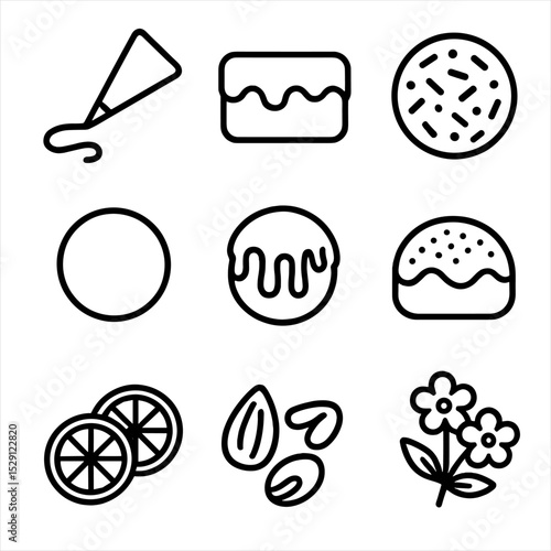 Pastry Icon Grid. Outline icon set of pastry decorations: icing, glaze, sprinkles, fondant, chocolate drizzle, powdered sugar,