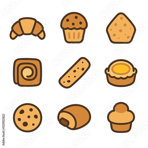 Pastry Grid Icons. Flat icon set of pastry selection: croissant, muffin, scone, danish, biscotti, tart, cookie, pain au chocolat,