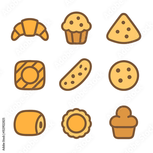 Pastry Grid Icons. Flat icon set of pastry selection: croissant, muffin, scone, danish, biscotti, tart, cookie, pain au chocolat,