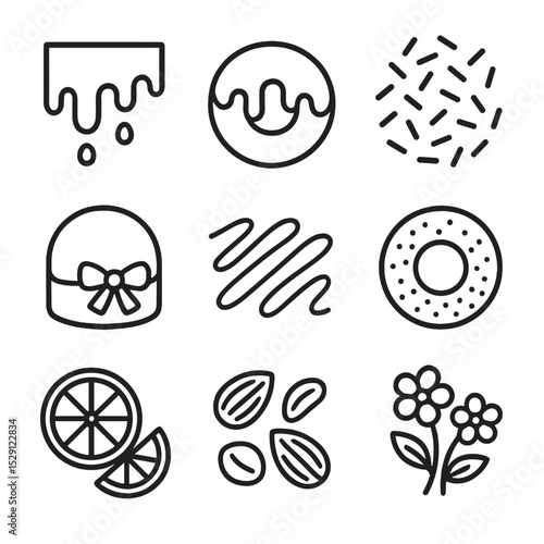 Pastry Icon Grid. Outline icon set of pastry decorations: icing, glaze, sprinkles, fondant, chocolate drizzle, powdered sugar,