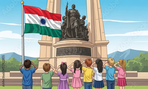 Indian Flag and Statue with Children Saluting | Patriotic National Pride Illustration for Independence Day, Republic Day Celebrations and Educational Materials