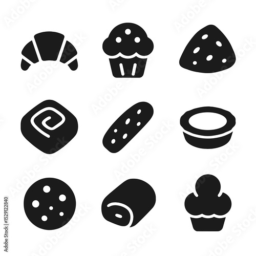 Pastry Icons Grid. Solid, Filled icon set of pastry selection: croissant, muffin, scone, danish, biscotti, tart, cookie, pain au