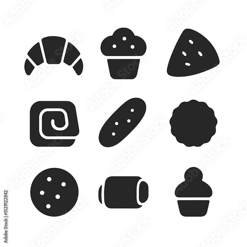 Pastry Icons Grid. Solid, Filled icon set of pastry selection: croissant, muffin, scone, danish, biscotti, tart, cookie, pain au