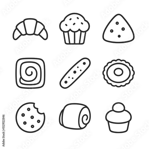 Pastry Icon Grid. Outline icon set of pastry selection: croissant, muffin, scone, danish, biscotti, tart, cookie, pain au chocolat