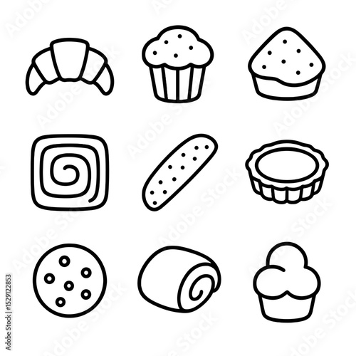 Pastry Icon Grid. Outline icon set of pastry selection: croissant, muffin, scone, danish, biscotti, tart, cookie, pain au chocolat