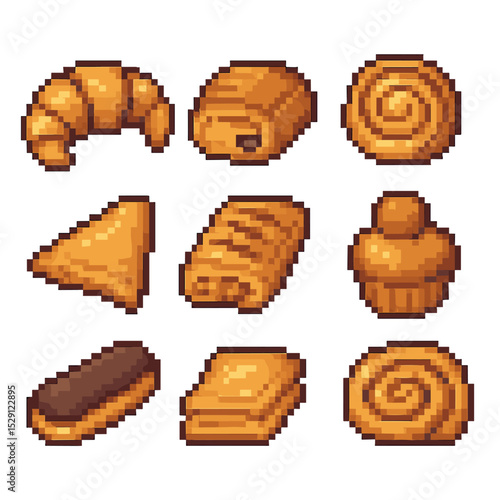 Pastry Icon Grid. Pixel art icon set of classic pastries: croissant, pain au chocolat, Danish pastry, turnover, strudel, brioche,
