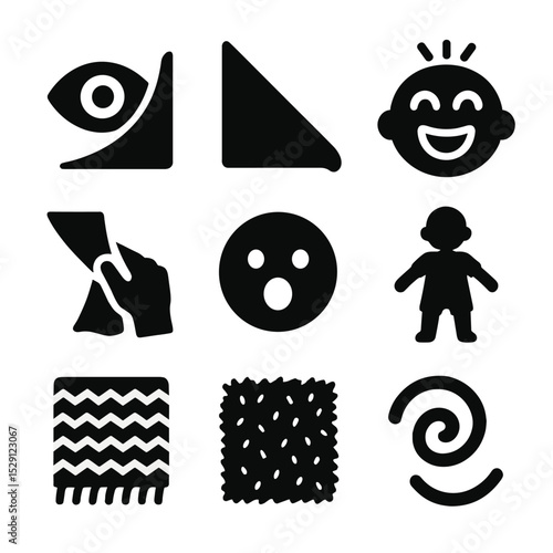 Peek-a-Boo Icons. Solid, Filled icon set of peek-a-boo play: peek-eye, blanket corner, giggling face, hand holding fabric,