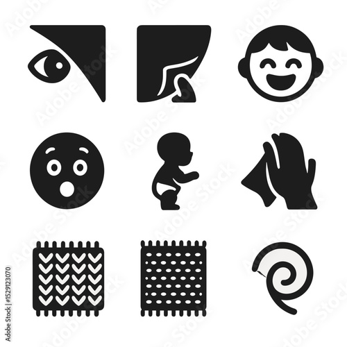 Peek-a-Boo Icons. Solid, Filled icon set of peek-a-boo play: peek-eye, blanket corner, giggling face, hand holding fabric,