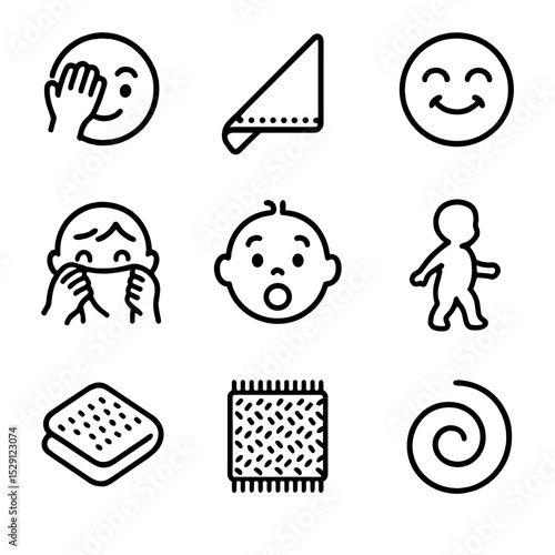 Peek-a-Boo Icon Set. Outline icon set of peek-a-boo play: peek-eye, blanket corner, giggling face, hand holding fabric, surprised
