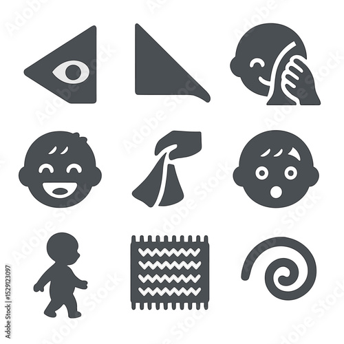 Peek-a-Boo Icons Collection. Flat icon set of peek-a-boo play: peek-eye, blanket corner, giggling face, hand holding fabric,