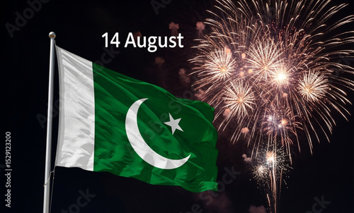 Pakistan Flag with "14 August" Text and Fireworks Display | Independence Day Celebration for National Holiday Marketing