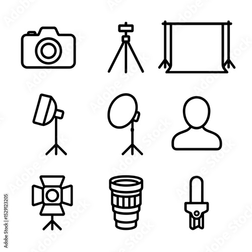 Photo Studio Icons. Outline icon set of photo backdrop setups: camera, tripod, background stand, softbox, reflector, subject