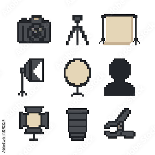 Photo Studio Icons. Pixel art icon set of photo backdrop setups: camera, tripod, background stand, softbox, reflector, subject