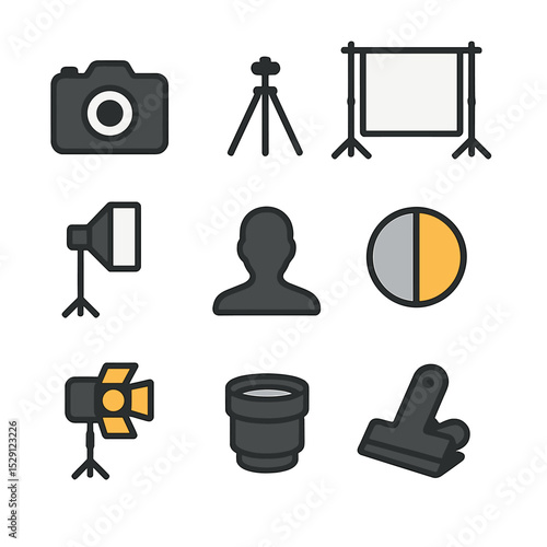 Photography Equipment Icons. Flat icon set of photo backdrop setups: camera, tripod, background stand, softbox, reflector, subject