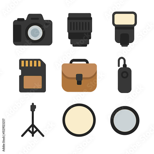 Photography Gear Icons. Flat icon set of photography gear: DSLR camera, lens, flash unit, memory card, camera bag, remote trigger,
