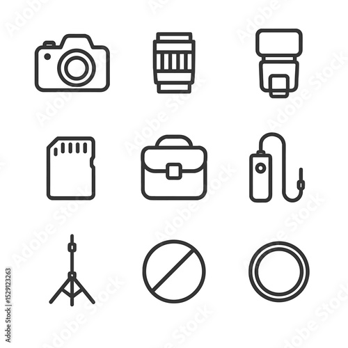 Photography Gear Icons. Outline icon set of photography gear: DSLR camera, lens, flash unit, memory card, camera bag, remote