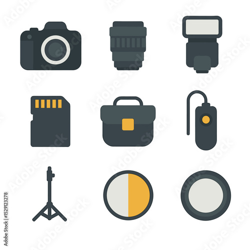 Photography Gear Icons. Flat icon set of photography gear: DSLR camera, lens, flash unit, memory card, camera bag, remote trigger,