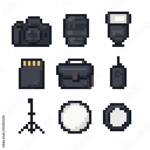 Photography Gear Icons. Pixel art icon set of photography gear: DSLR camera, lens, flash unit, memory card, camera bag, remote