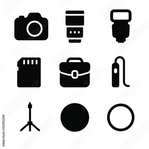 Photography Gear Icons. Solid, Filled icon set of photography gear: DSLR camera, lens, flash unit, memory card, camera bag, remote