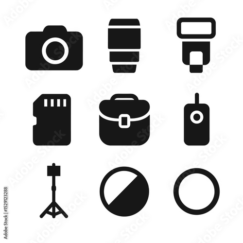 Photography Gear Icons. Solid, Filled icon set of photography gear: DSLR camera, lens, flash unit, memory card, camera bag, remote