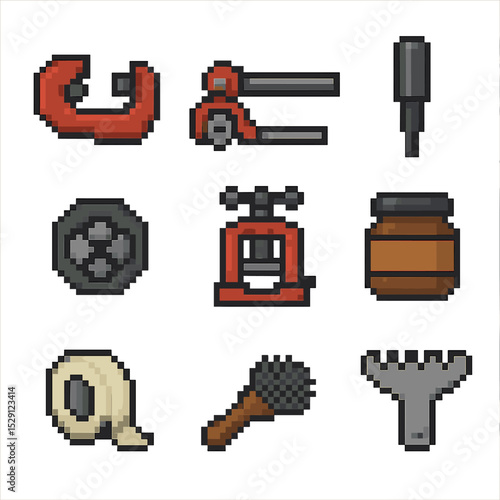 Pipe Installation Tools Icons. Pixel art icon set of pipe installation tools: pipe cutter, tube bender, reamer, threading die,
