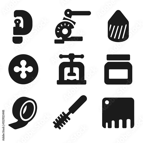 Pipe Installation Tools Icons. Solid, Filled icon set of pipe installation tools: pipe cutter, tube bender, reamer, threading die,