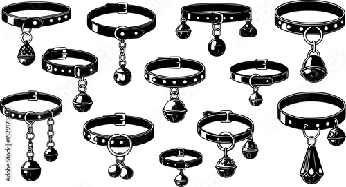 Diverse collection of black collars with pendant bells on a white background

