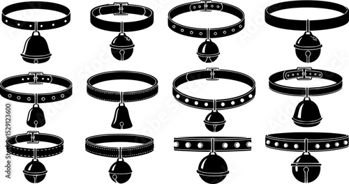 Diverse collection of black collars with pendant bells on a white background
