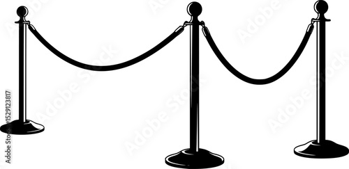 Black and White Illustration of Elegant Rope Barrier Stanchions for Crowd Control

