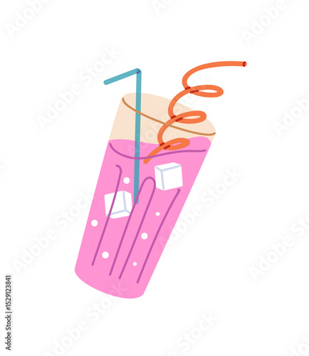 Glass of sparkling drink with ice cubes and straws. Refreshing soft beverage, cool summer cocktail. Cup of coctail, cold soda or fruit juice. Flat isolated vector illustration on white background