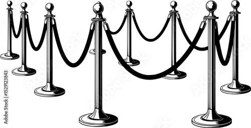 Black and White Illustration of Elegant Rope Barrier Stanchions for Crowd Control
