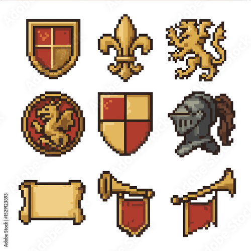Pixel Heraldry Icons. Pixel art icon set of medieval heraldry: coat of arms, fleur-de-lis, lion rampant, dragon emblem, shield