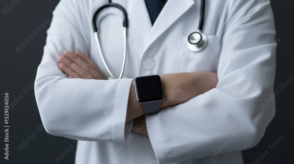 Doctor with smartwatch in modern clinic setting. Doctor with smartwatch in modern clinic setting.