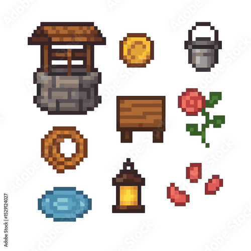 Pixel Wishing Well Icons. Pixel art icon set of wishing well: stone well, coin, bucket, rope, wooden cover, rose vine, lantern,