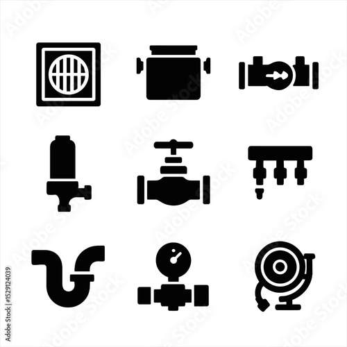 Plumbing Equipment Icons. Solid, Filled icon set of commercial plumbing equipment: floor drain, grease interceptor, backflow