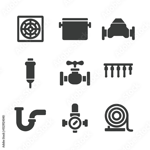 Plumbing Equipment Icons. Flat icon set of commercial plumbing equipment: floor drain, grease interceptor, backflow preventer,