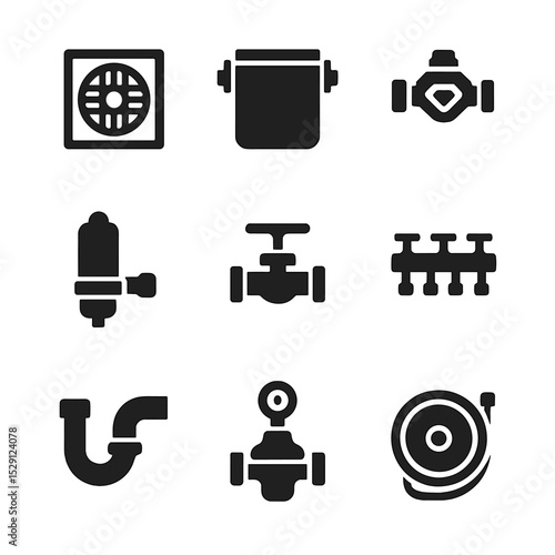 Plumbing Equipment Icons. Flat icon set of commercial plumbing equipment: floor drain, grease interceptor, backflow preventer,