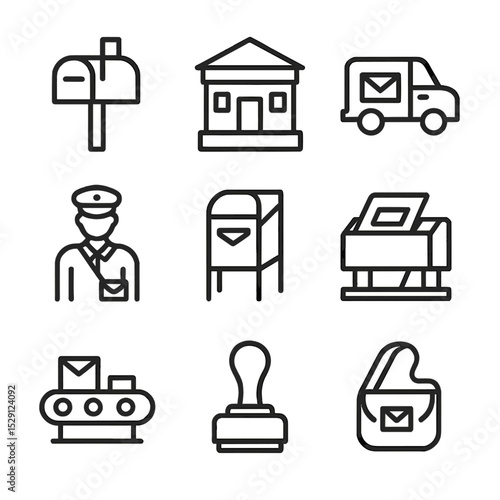 Postal Service Icons. Outline icon set of postal services: mailbox, post office building, postal truck, mail carrier, drop box,