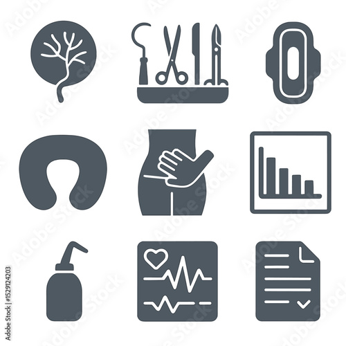 Postpartum Care Icons. Flat icon set of postpartum procedures: placenta examination, stitching kit, postpartum pad, breastfeeding