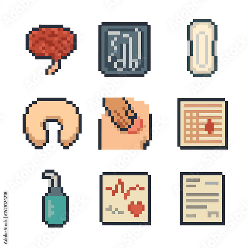 Postpartum Care Icons. Pixel art icon set of postpartum procedures: placenta examination, stitching kit, postpartum pad,