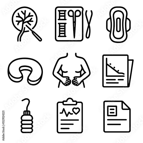Postpartum Care Icons. Outline icon set of postpartum procedures: placenta examination, stitching kit, postpartum pad,
