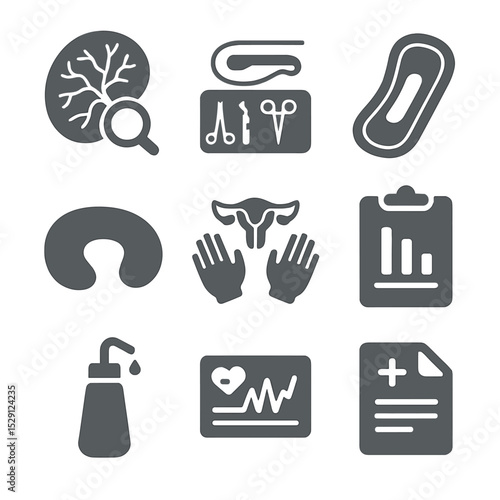 Postpartum Care Icons. Flat icon set of postpartum procedures: placenta examination, stitching kit, postpartum pad, breastfeeding