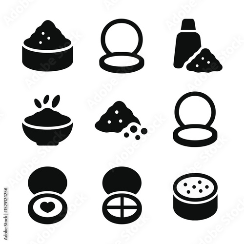 Powder Icon Collection. Solid, Filled icon set of powder varieties: mineral powder, pressed mineral, talc-free powder, rice powder