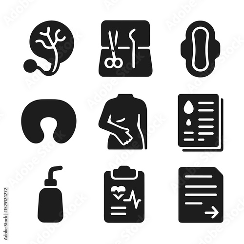 Postpartum Care Icons. Solid, Filled icon set of postpartum procedures: placenta examination, stitching kit, postpartum pad,