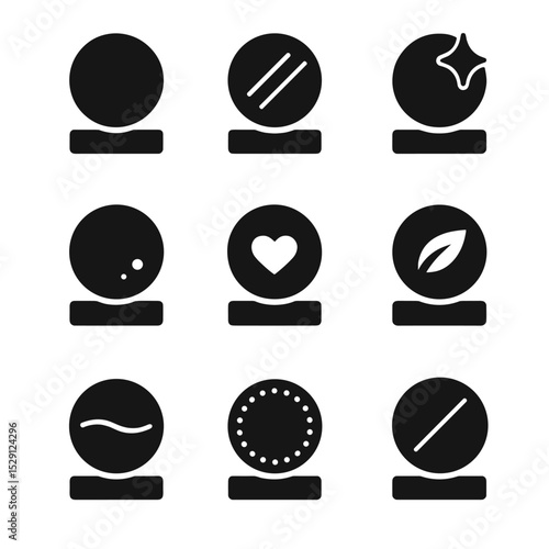 Powder Finish Icons. Solid, Filled icon set of powder finishes: matte finish, satin finish, luminous finish, dewy finish, velvety