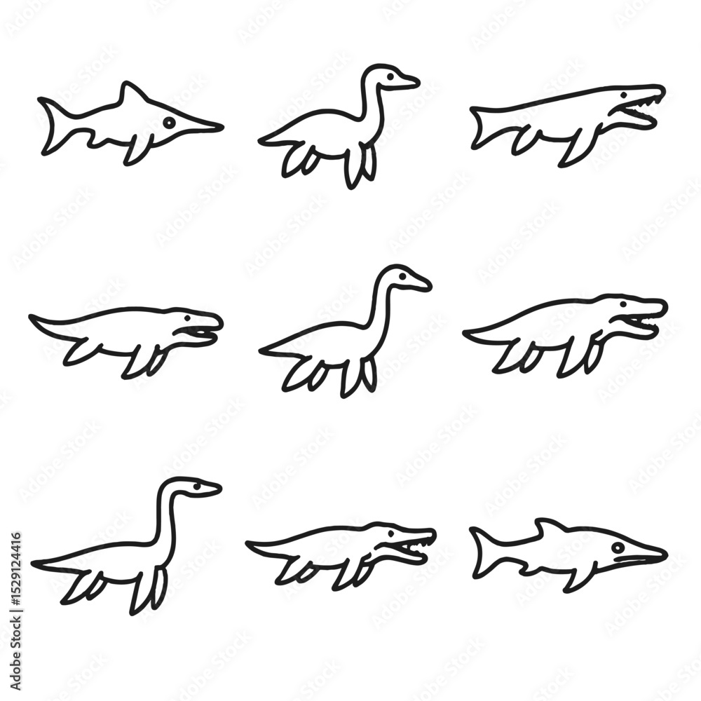Obraz premium Prehistoric Marine Reptiles Icons. Outline icon set of prehistoric marine reptiles: ichthyosaurus, plesiosaurus, mosasaurus,